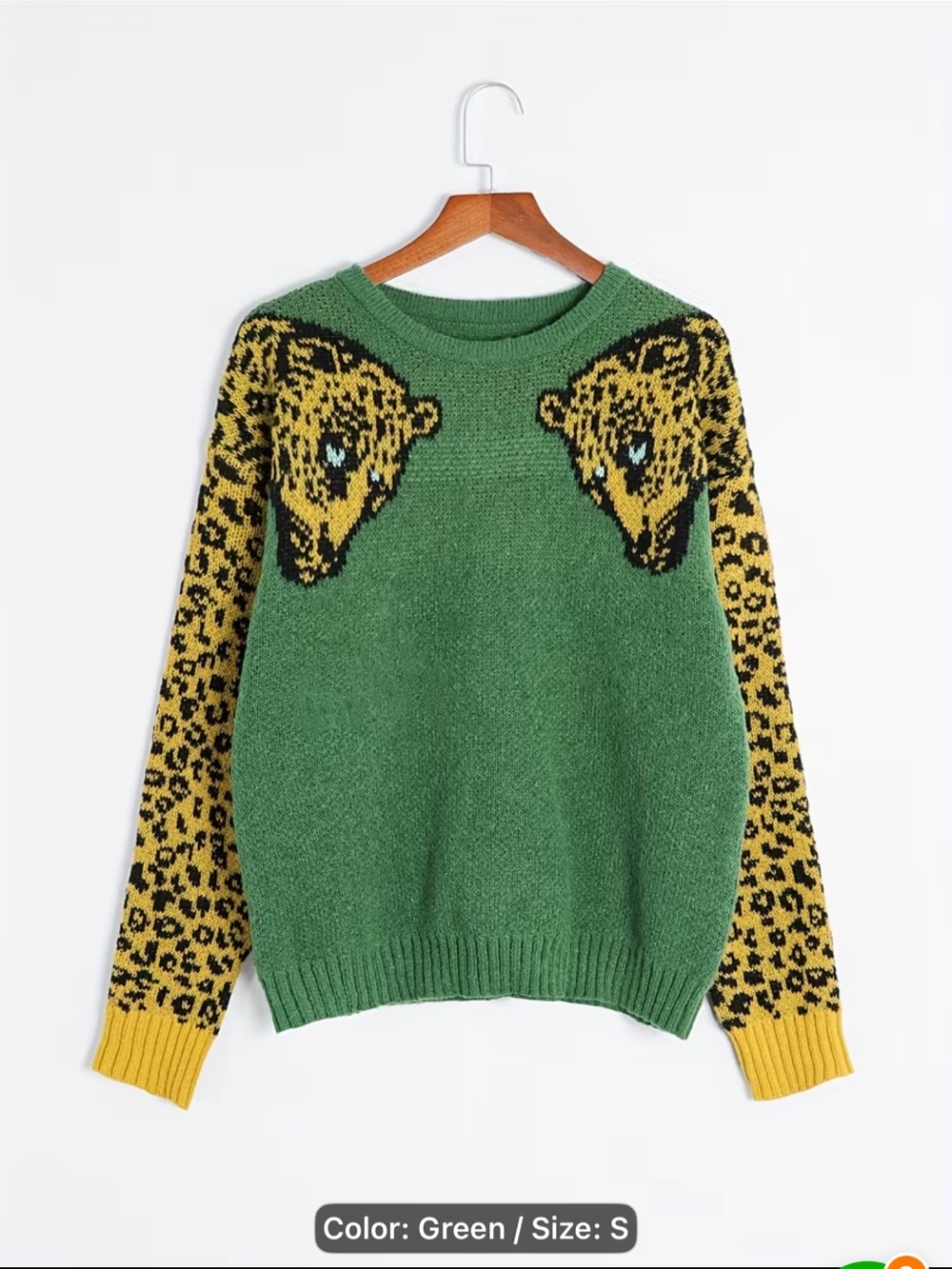 Green & Yellow Leopard Intarsia Crewneck Sweater - Women
